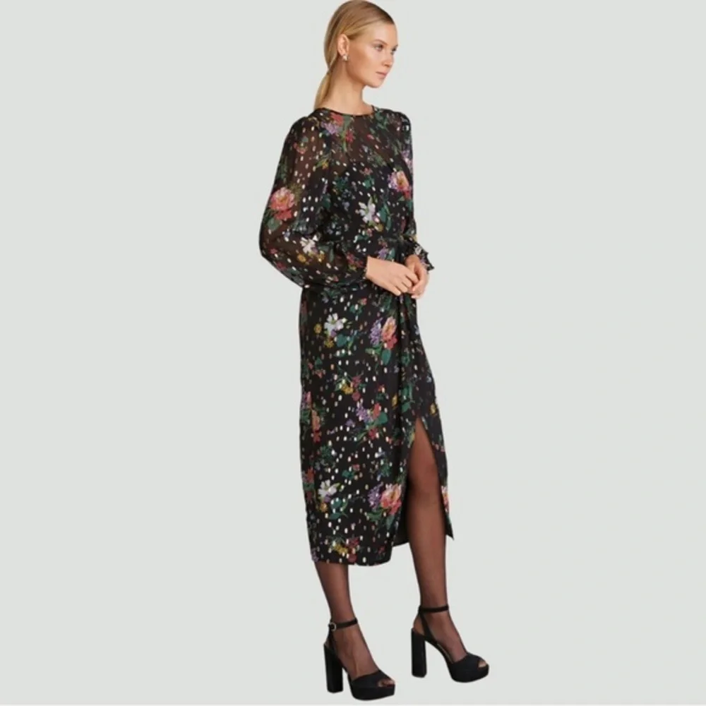AMUR Sabine Drape Dress | Front Slit | Black | Floral | Sheer | Size 10 - Picture 2 of 16
